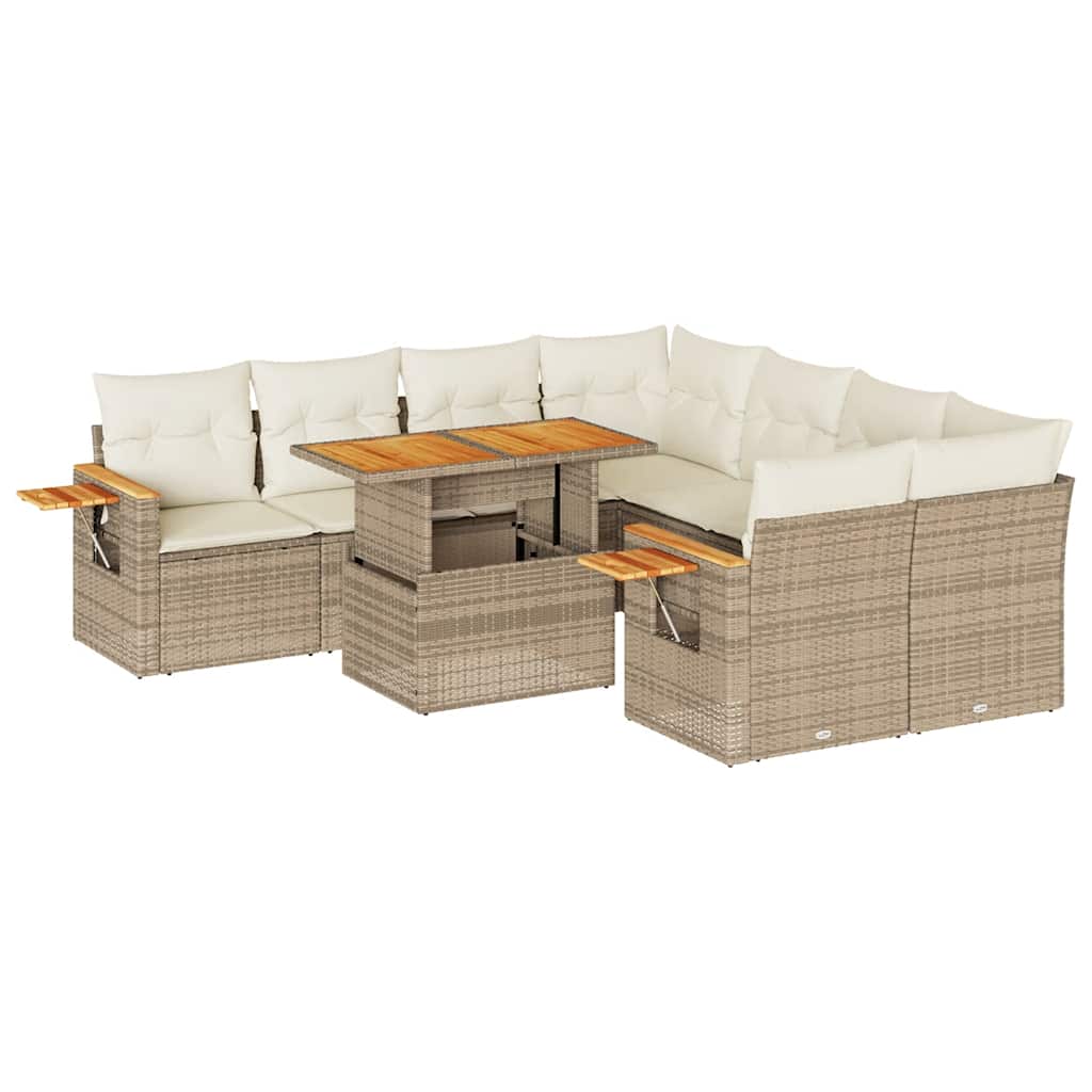 9-tlg. Garten-Sofagarnitur mit Kissen Beige Poly Rattan Akazie