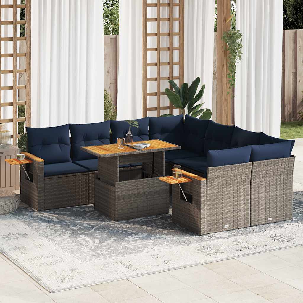 9-tlg. Garten-Sofagarnitur mit Kissen Grau Poly Rattan