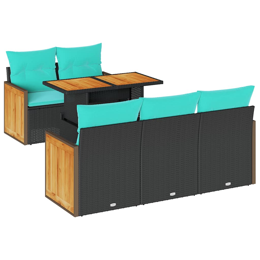 6-teiliges Gartensofa-Set mit Kissen, schwarz, Polyrattan, Akazie