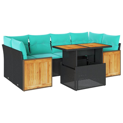 7-tlg. Garten-Sofagarnitur mit Kissen Schwarz Poly Rattan