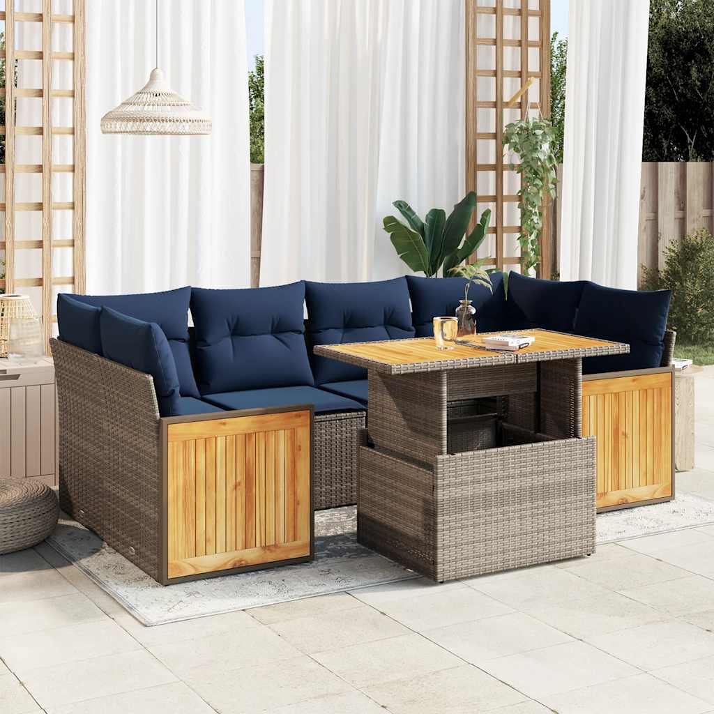 7-tlg. Garten-Sofagarnitur mit Kissen Grau Poly Rattan Akazie