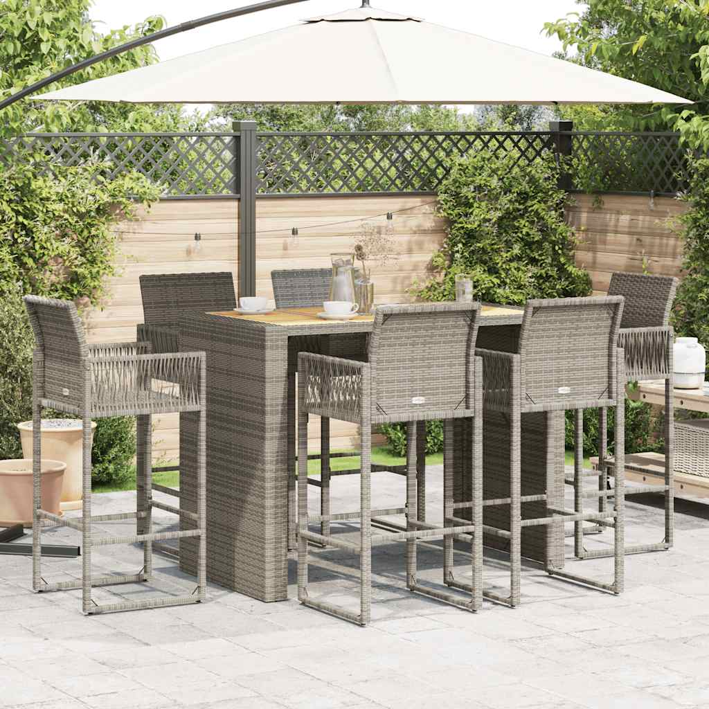 7-tlg. Gartenbar-Set ohne Kissen Grau Poly Rattan Akazie