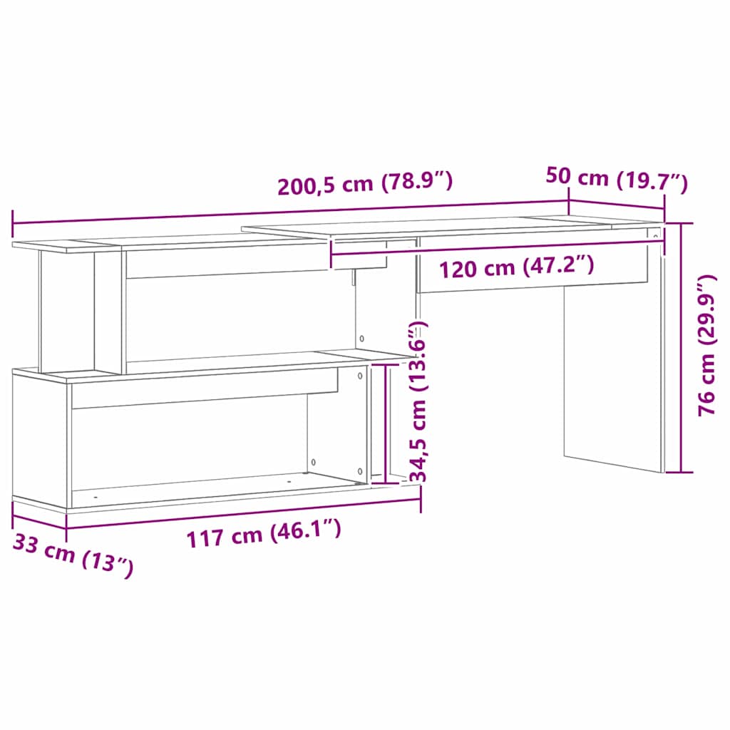 Schreibtisch Schwarz Eichen-Optik 200 x 50 x 76 cm