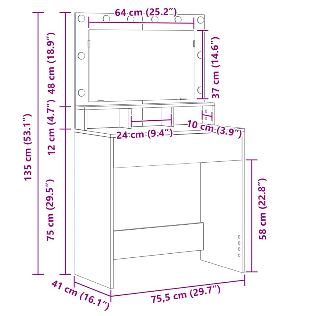Schminktisch Sonoma-Eiche 75,5 x 41 x 135 cm Holzwerkstoff