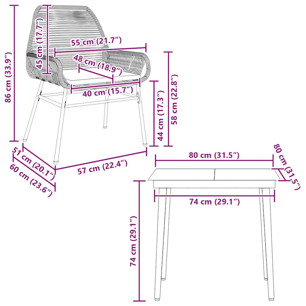3-tlg. Garten-Essgruppe mit Kissen Braun Poly Rattan Glas