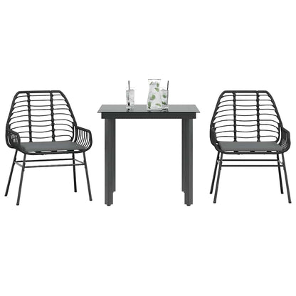 3-tlg. Garten-Essgruppe mit Kissen Schwarz Poly Rattan Glas
