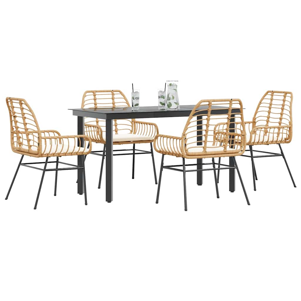 5-tlg. Garten-Essgruppe mit Kissen Braun Poly Rattan Glas