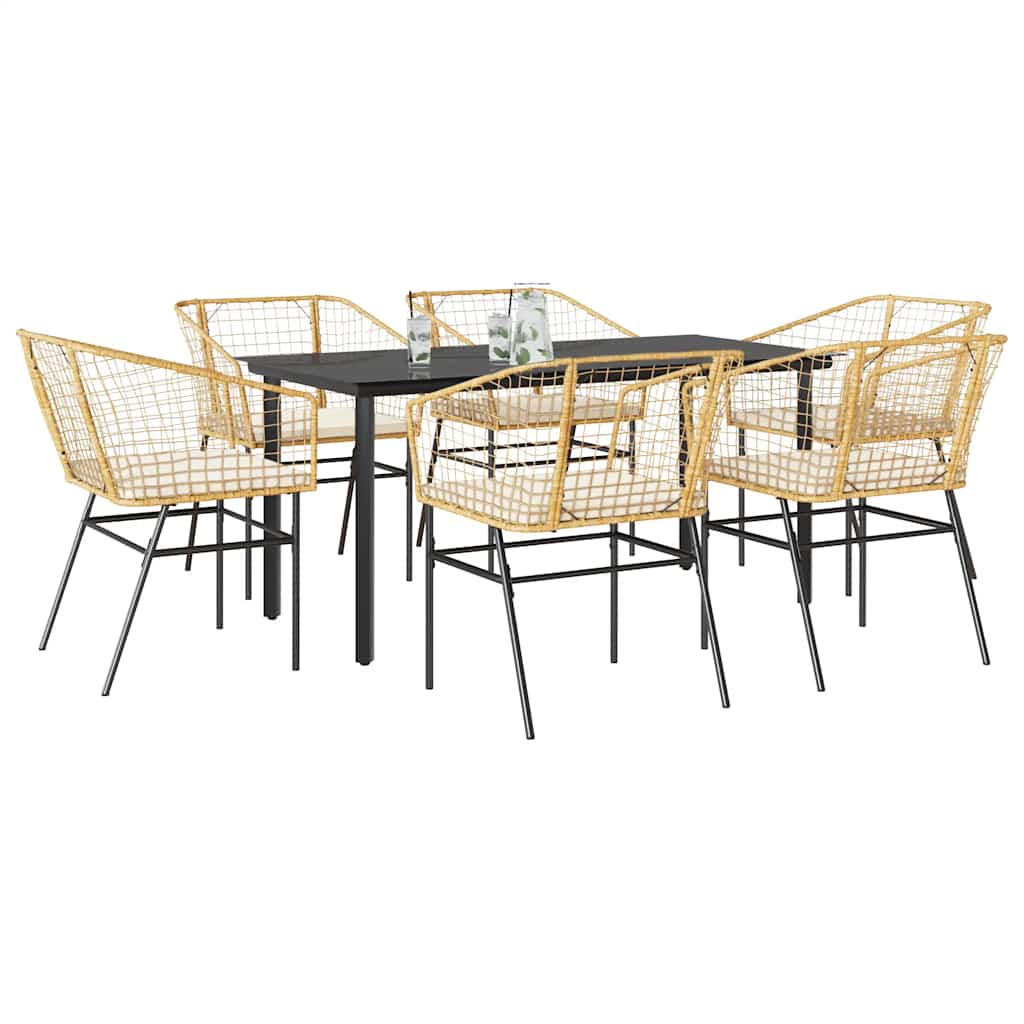 7-tlg. Garten-Essgruppe mit Kissen Braun Poly Rattan Glas