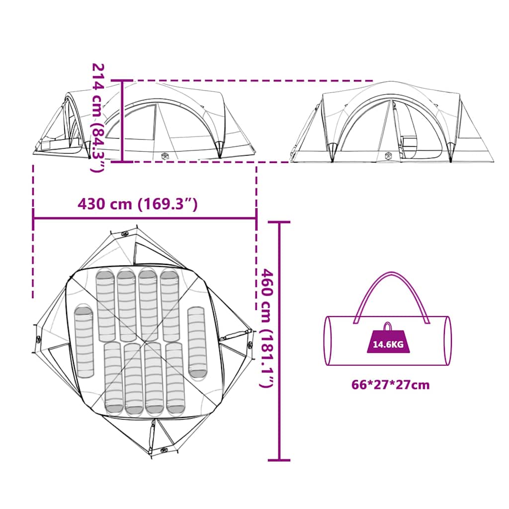 Familienzelt für 10 Personen Grün und Grau 460 x 430 x 214 cm