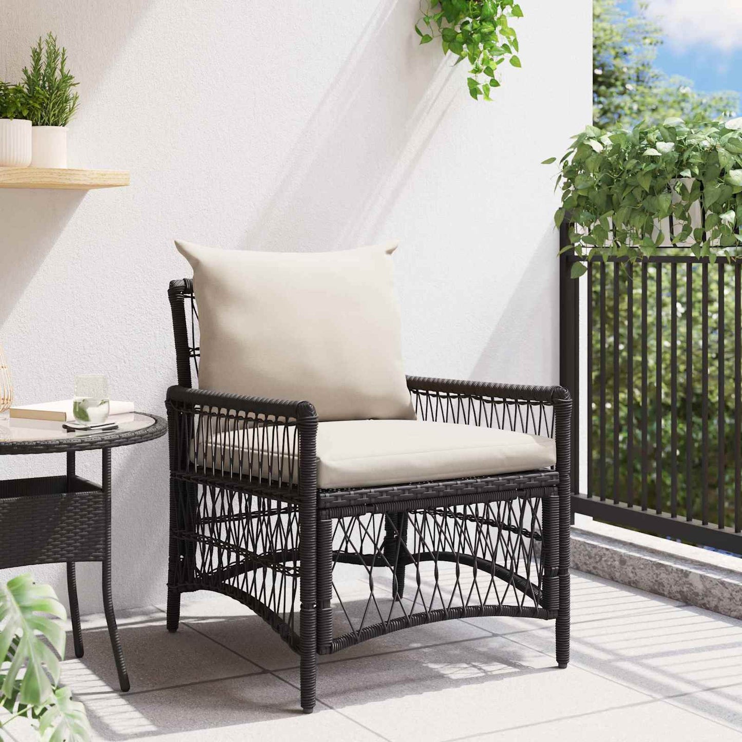 Gartenstuhl mit Kissen Schwarz 73 x 61 x 77 cm Poly-Rattan