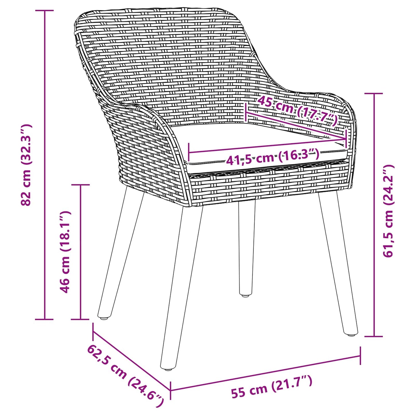 Gartenstuhl 2 pcs Schwarz 62,5 x 55 x 82 cm Poly-Rattan