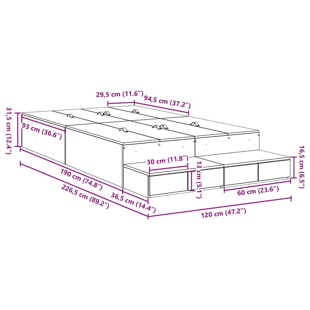 Aufbewahrungsbettgestell Beton Grau 120 cm Holzwerkstoff