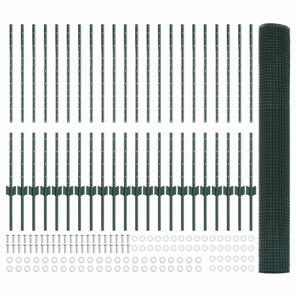 Zaun mit Pfosten Grün 1 x 50 m Stahl und PVC