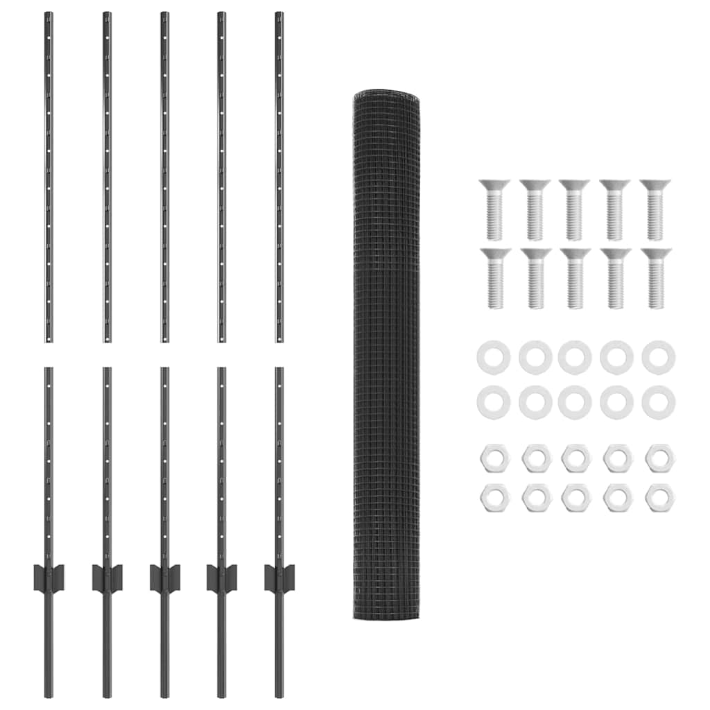 Zaun mit Pfosten Grau 1,2 x 10 m Stahl und PVC