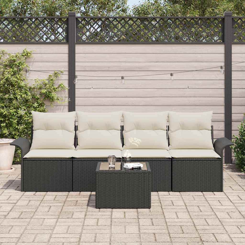 Sofa Set mit Kissen 5 pcs Schwarz Poly-Rattan