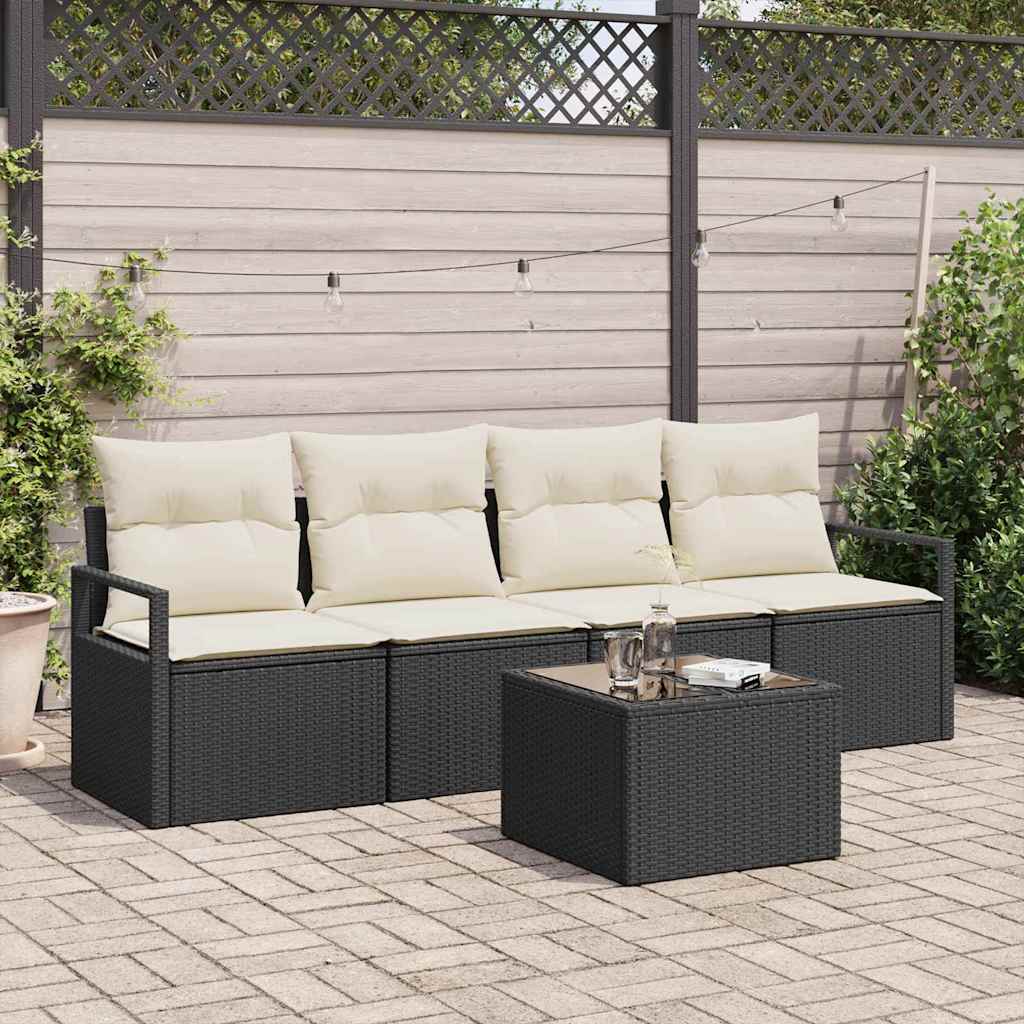 Sofa Set 5 pcs Schwarz und Creme Poly-Rattan
