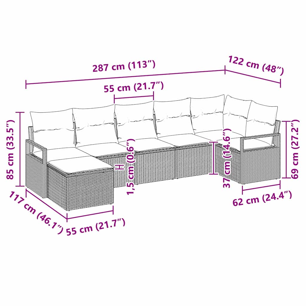 Sofa Set mit Kissen 7 pcs Schwarz Poly Rattan