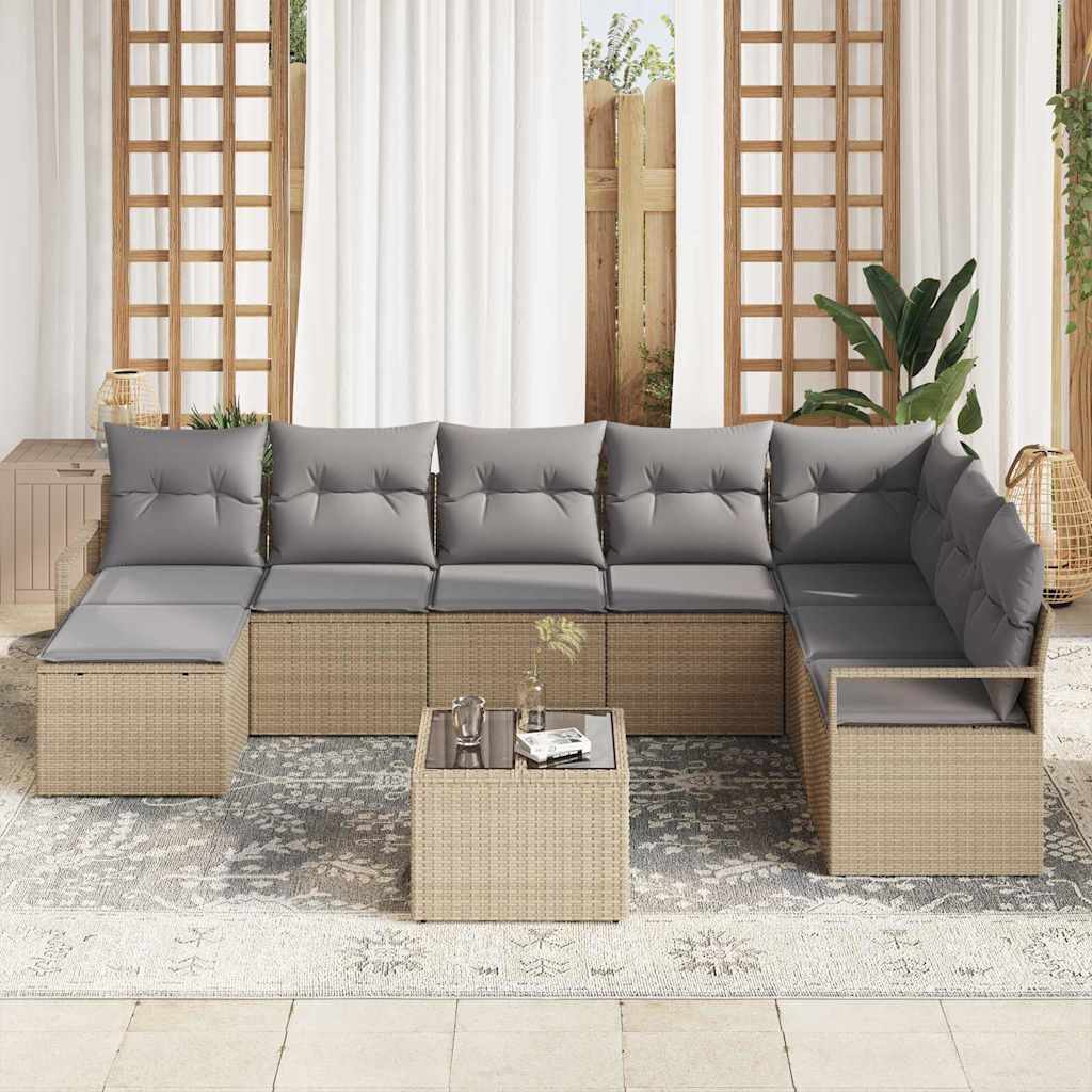 Sofa Set mit Kissen 9 pcs Beige Poly Rattan