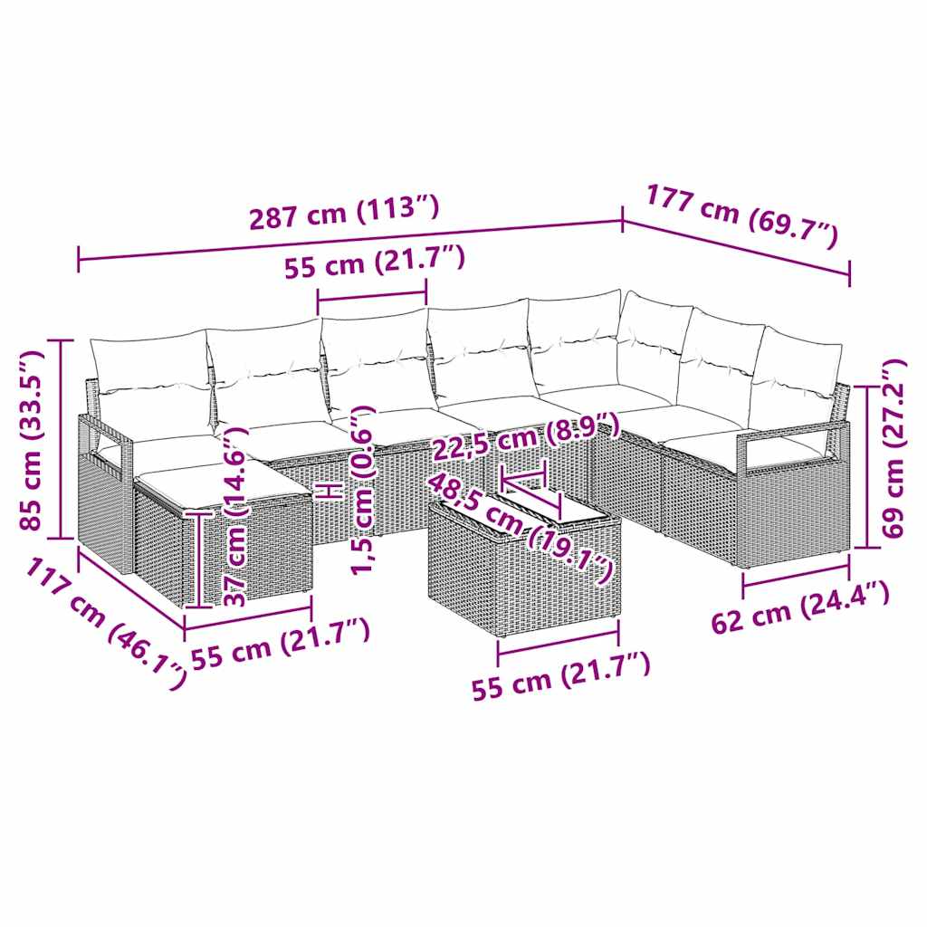 Sofa Set mit Kissen 9 pcs Beige Poly Rattan