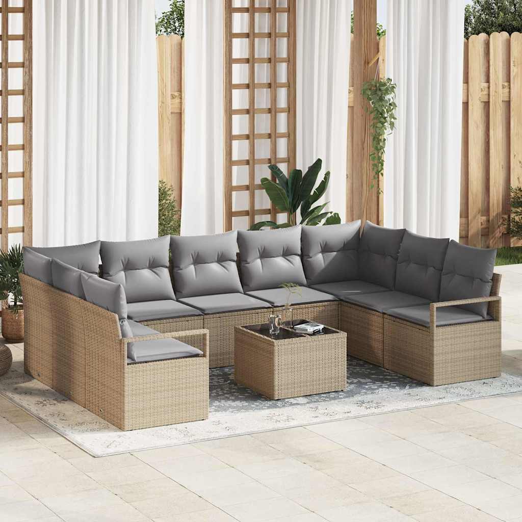Sofa Set mit Kissen 10 pcs Beige Poly Rattan