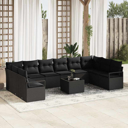 Sofa Set mit Kissen 11 pcs Schwarz Poly Rattan