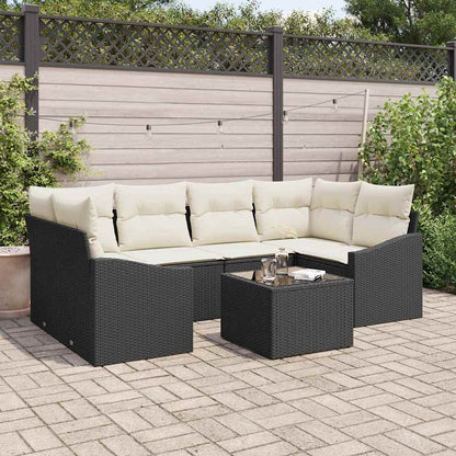 Sofa Set mit Kissen 7 pcs Schwarz und Creme Poly Rattan