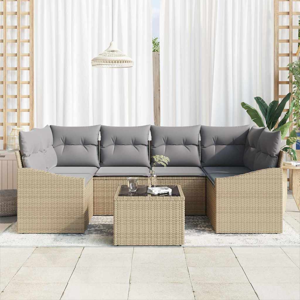 Sofa Set mit Kissen 7 pcs Beige und Hellgrau Poly Rattan