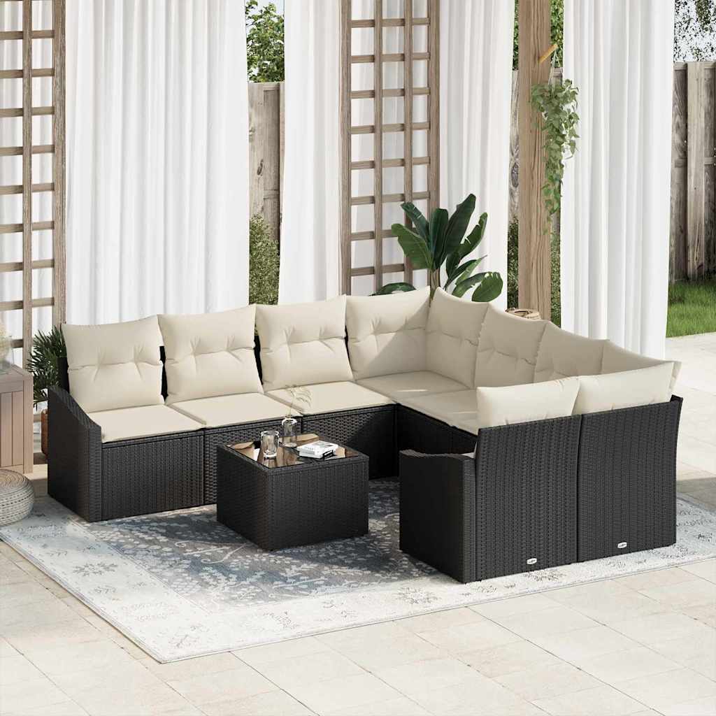 Sofa Set mit Kissen 9 pcs Schwarz und Creme Poly-Rattan