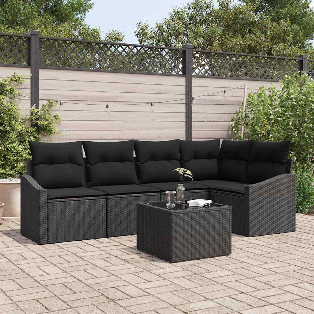 Sofa Set mit Kissen 6 pcs Schwarz Poly-Rattan