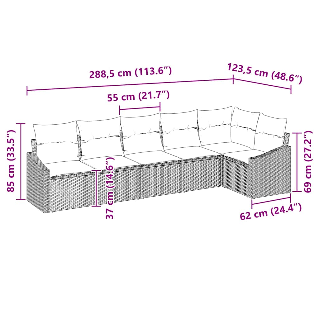 Sofa Set mit Kissen 6 pcs Schwarz Poly-Rattan