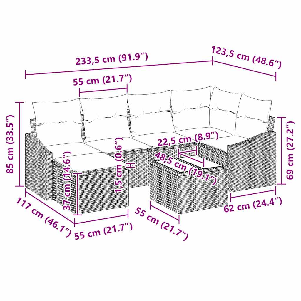 Sofa Set mit Kissen 7 pcs Beige Poly Rattan