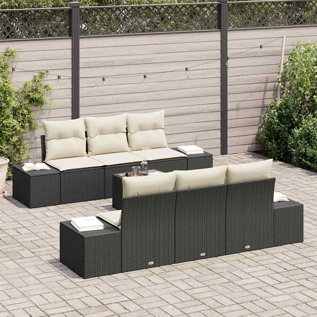 Sofa Set mit Kissen 7 pcs Schwarz Poly Rattan