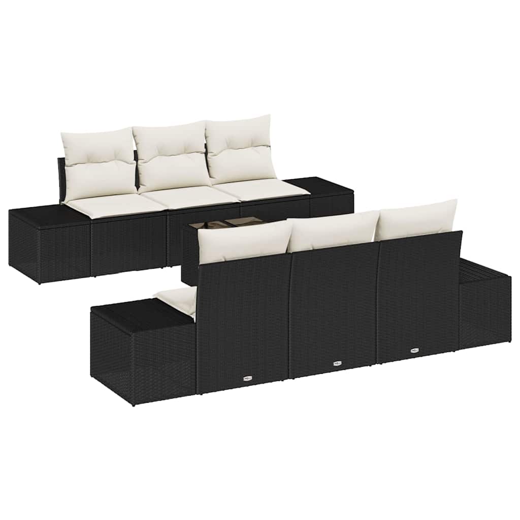 Sofa Set mit Kissen 7 pcs Schwarz Poly Rattan