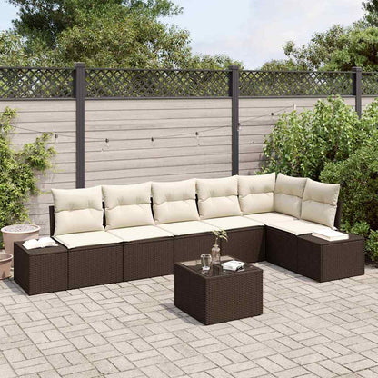 Gartensofa-set mit Kissen 7 pcs Braun und Creme Poly-Rattan