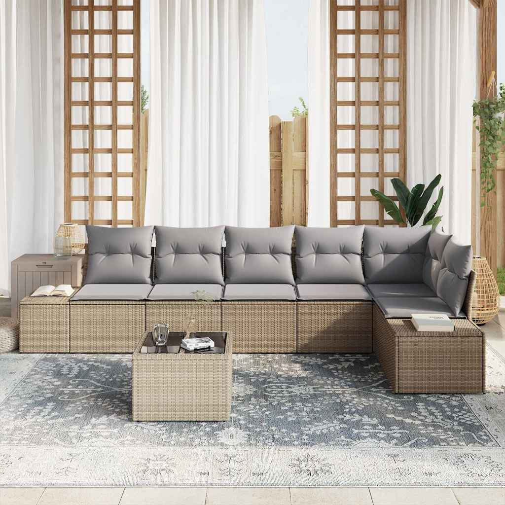 Gartensofa-set mit Kissen 7 pcs Beige und Grau Poly-Rattan