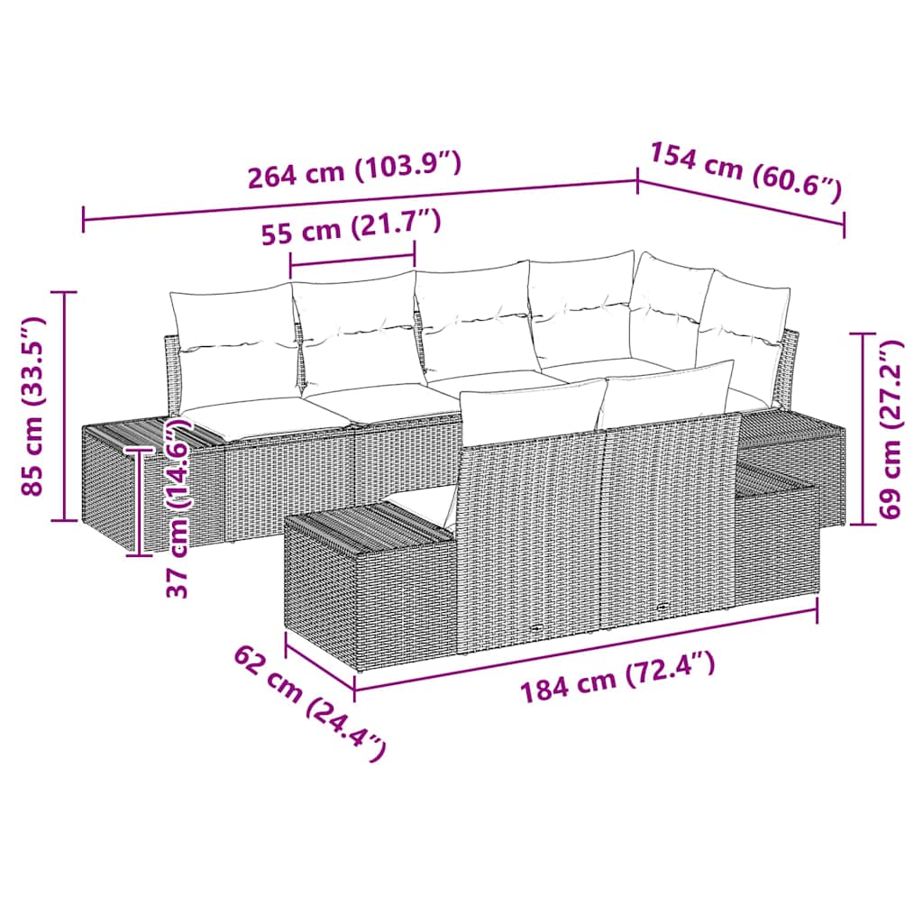 Gartensofa-set mit Kissen 7 pcs Beige und Grau Poly-Rattan