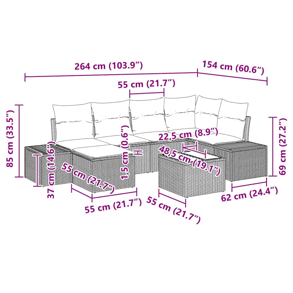 Gartensofa-set mit Kissen 7 pcs Schwarz und Creme Poly-Rattan