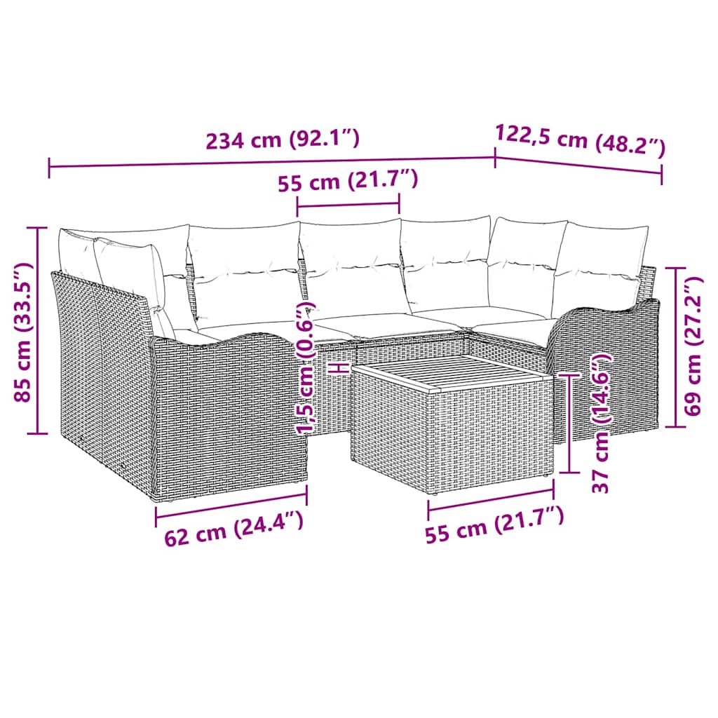 Gartensofa-set mit Kissen 7 pcs Schwarz Poly-Rattan