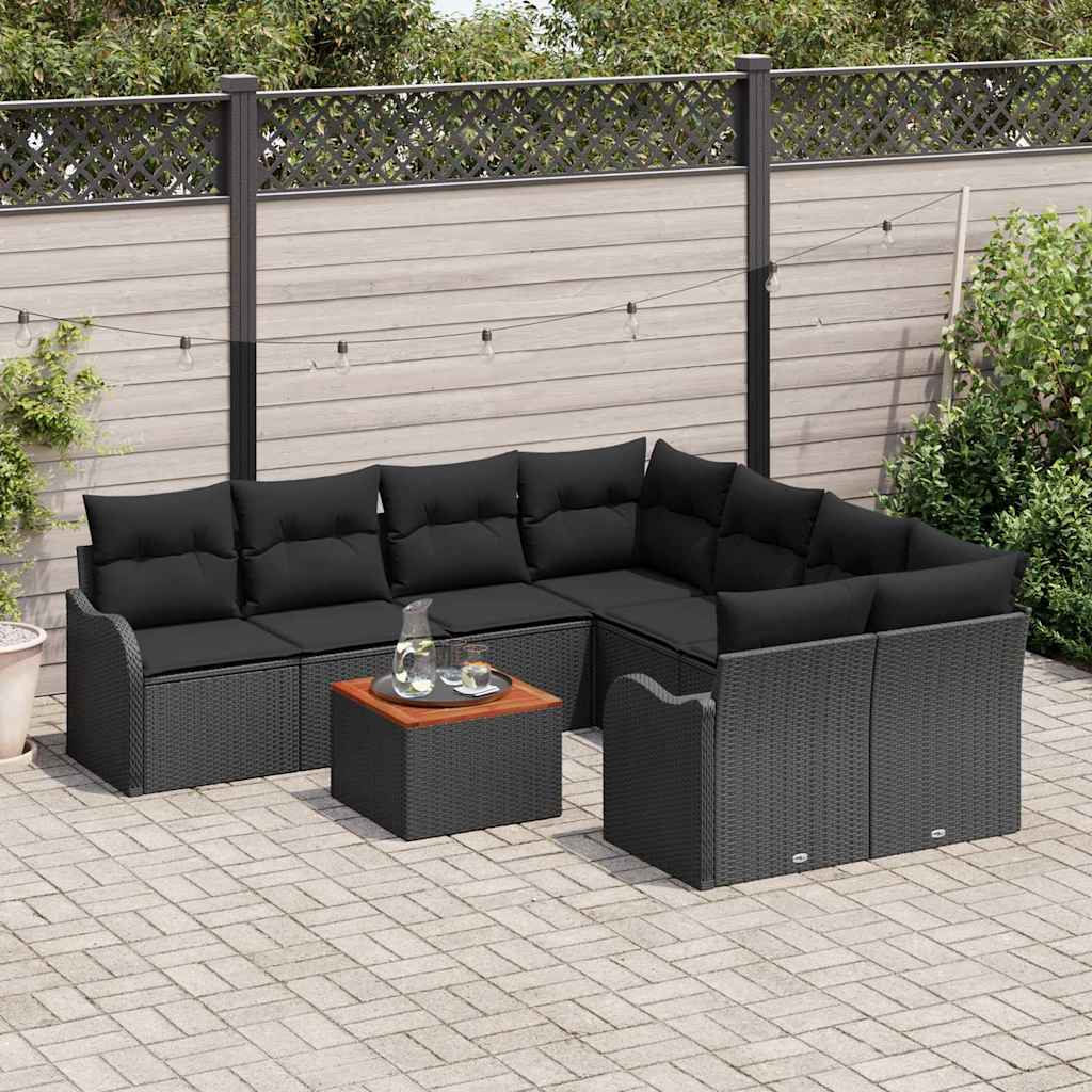 Gartensofa-set mit Kissen 9 pcs Schwarz Poly-Rattan