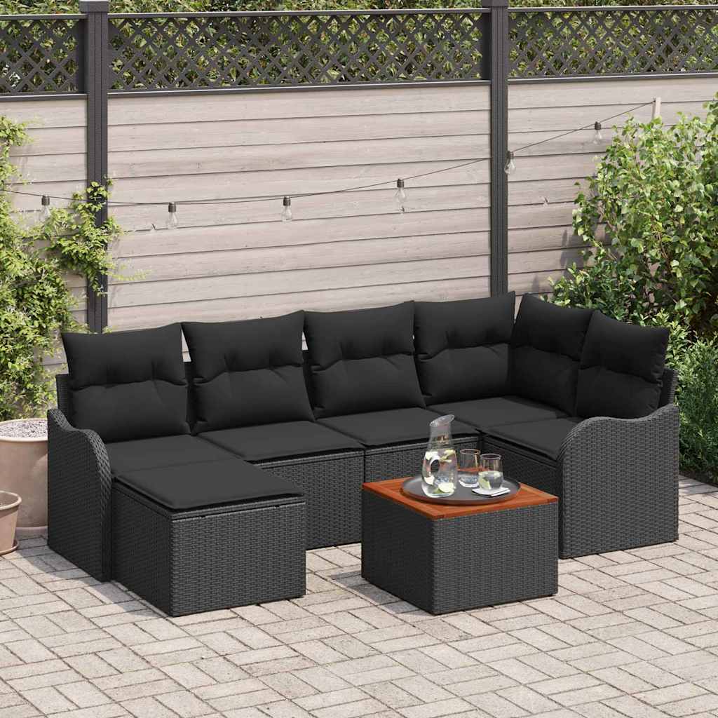 Gartensofa-set mit Kissen 7 pcs Schwarz Poly-Rattan