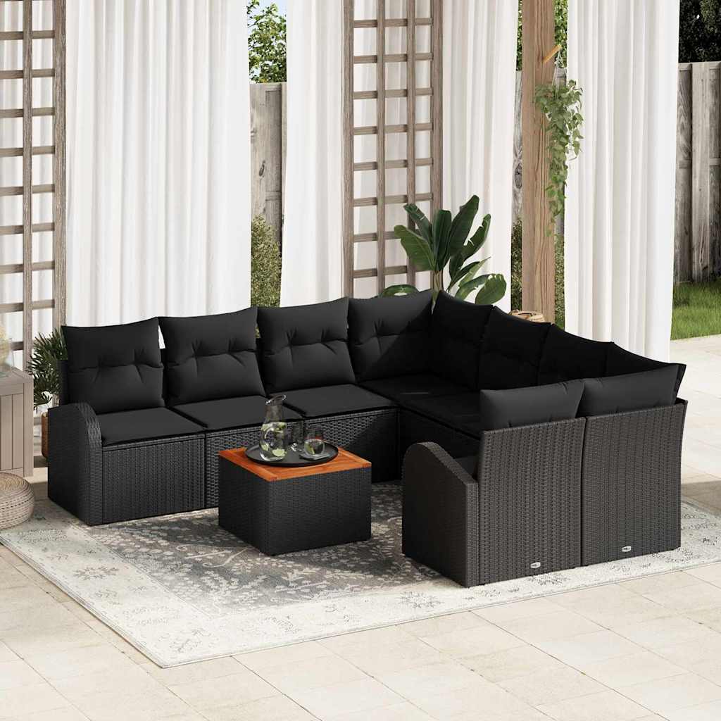Gartensofa-set mit Kissen 9 pcs Schwarz Poly-Rattan