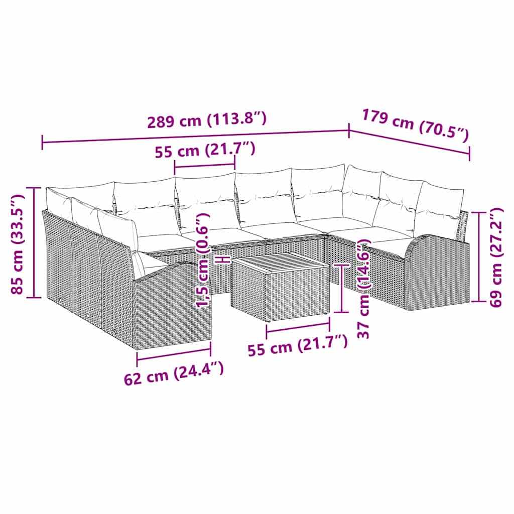 Gartensofa-set mit Kissen 10 pcs Schwarz Poly-Rattan