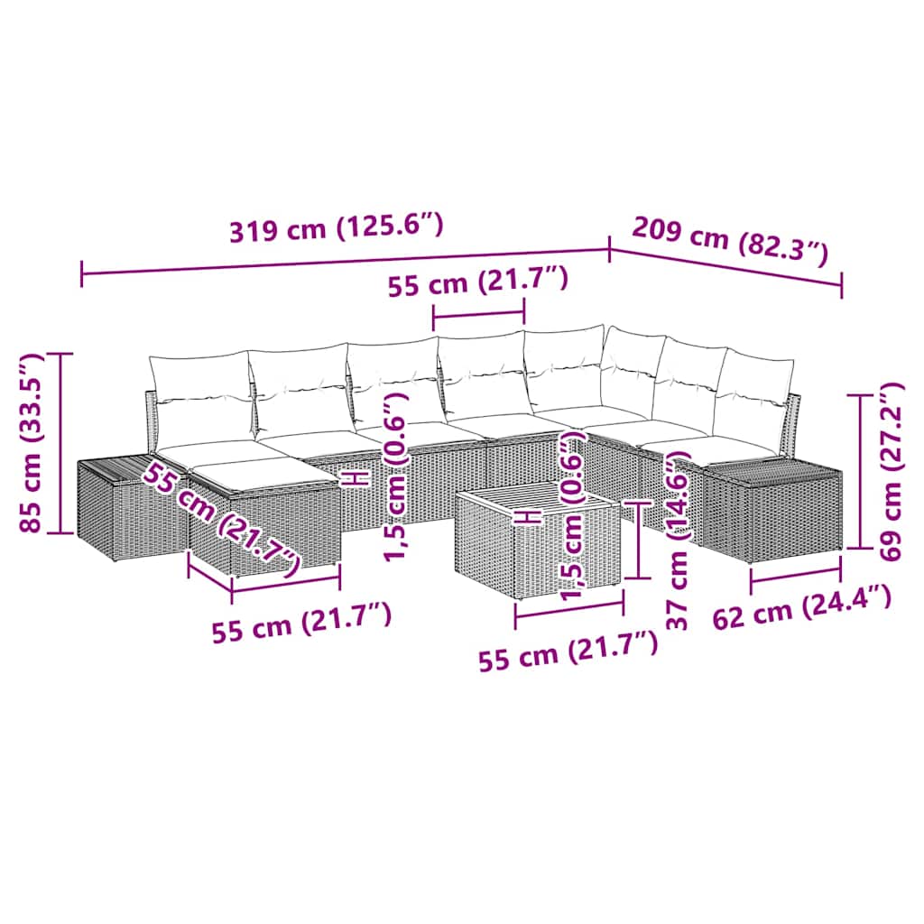 Gartensofa-set mit Kissen 9 pcs Beige Poly-Rattan