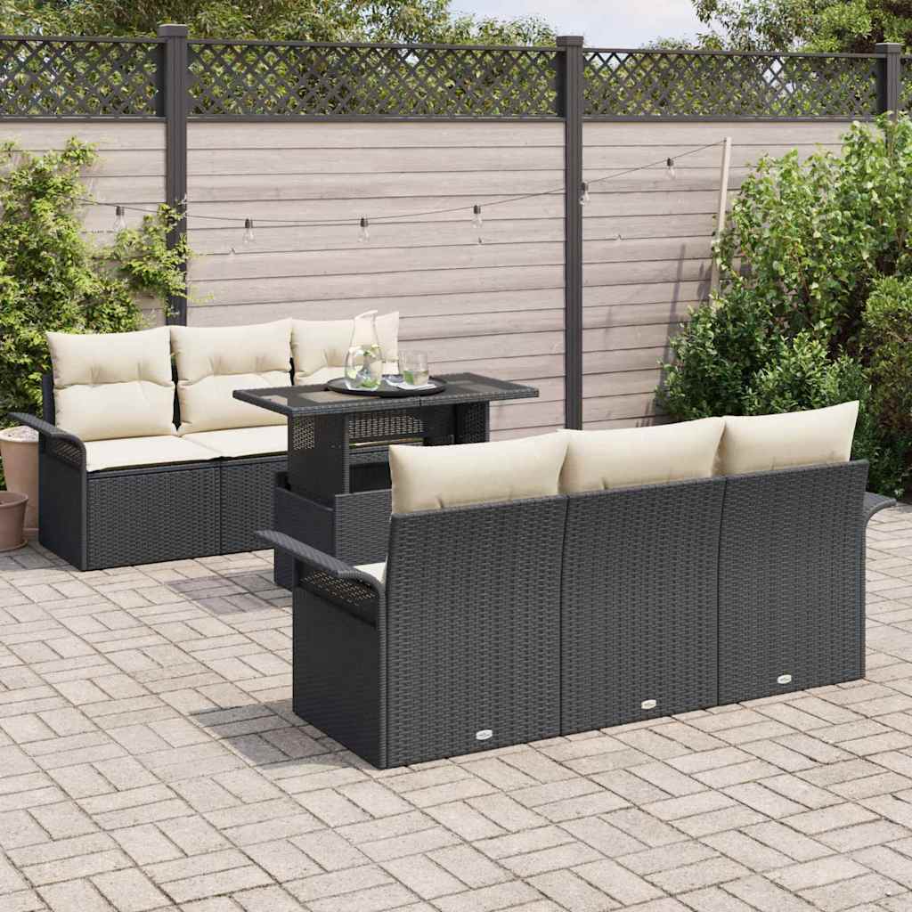 Gartensofa-set mit Kissen 7 pcs Schwarz Poly-Rattan