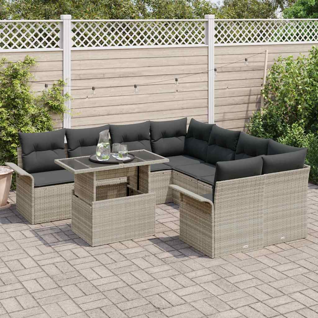 Gartensofa-set mit Kissen 9 pcs Hellgrau Poly-Rattan