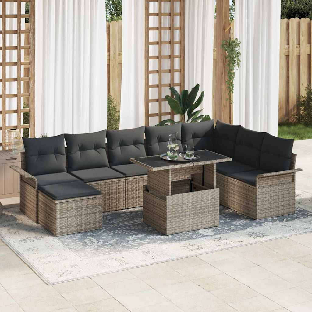Sofa Set mit Kissen 9 pcs Grau Poly-Rattan