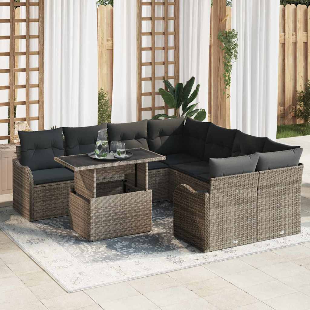 Gartensofa-set mit Kissen 9 pcs Grau Poly-Rattan