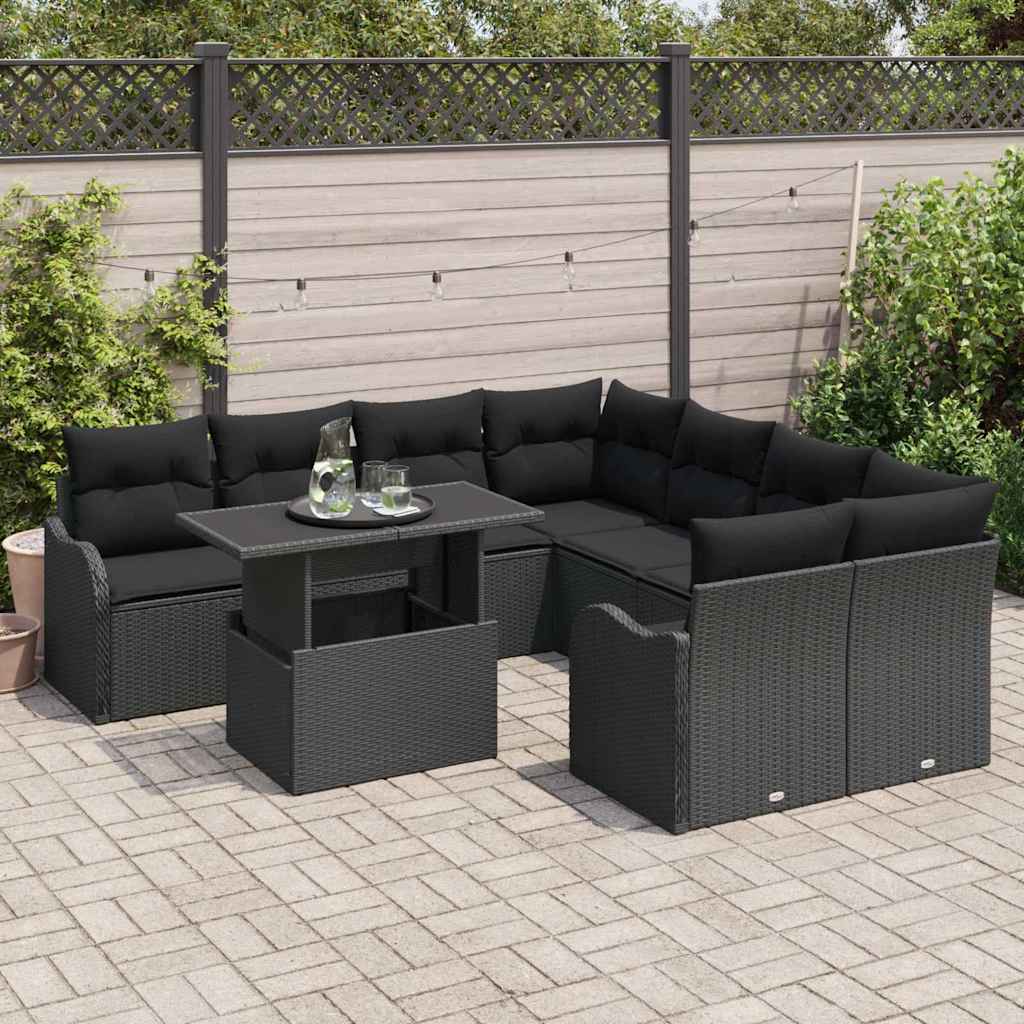 Gartensofa-set mit Kissen 9 pcs Schwarz Poly-Rattan