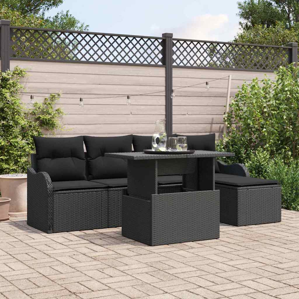 Sitzgruppe für den Outdoor mit Kissen 6 pcs Schwarz Poly Rattan