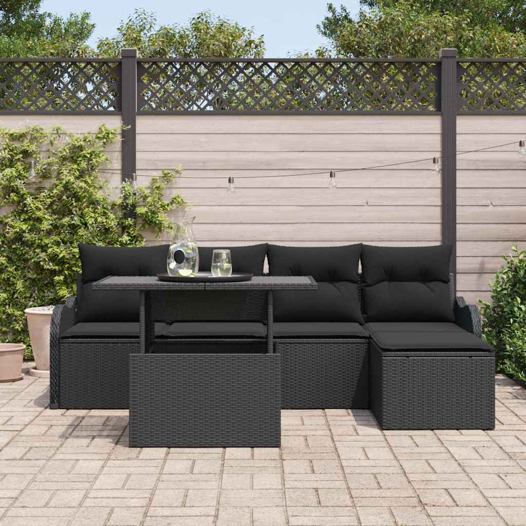 Sitzgruppe für den Outdoor mit Kissen 6 pcs Schwarz Poly Rattan